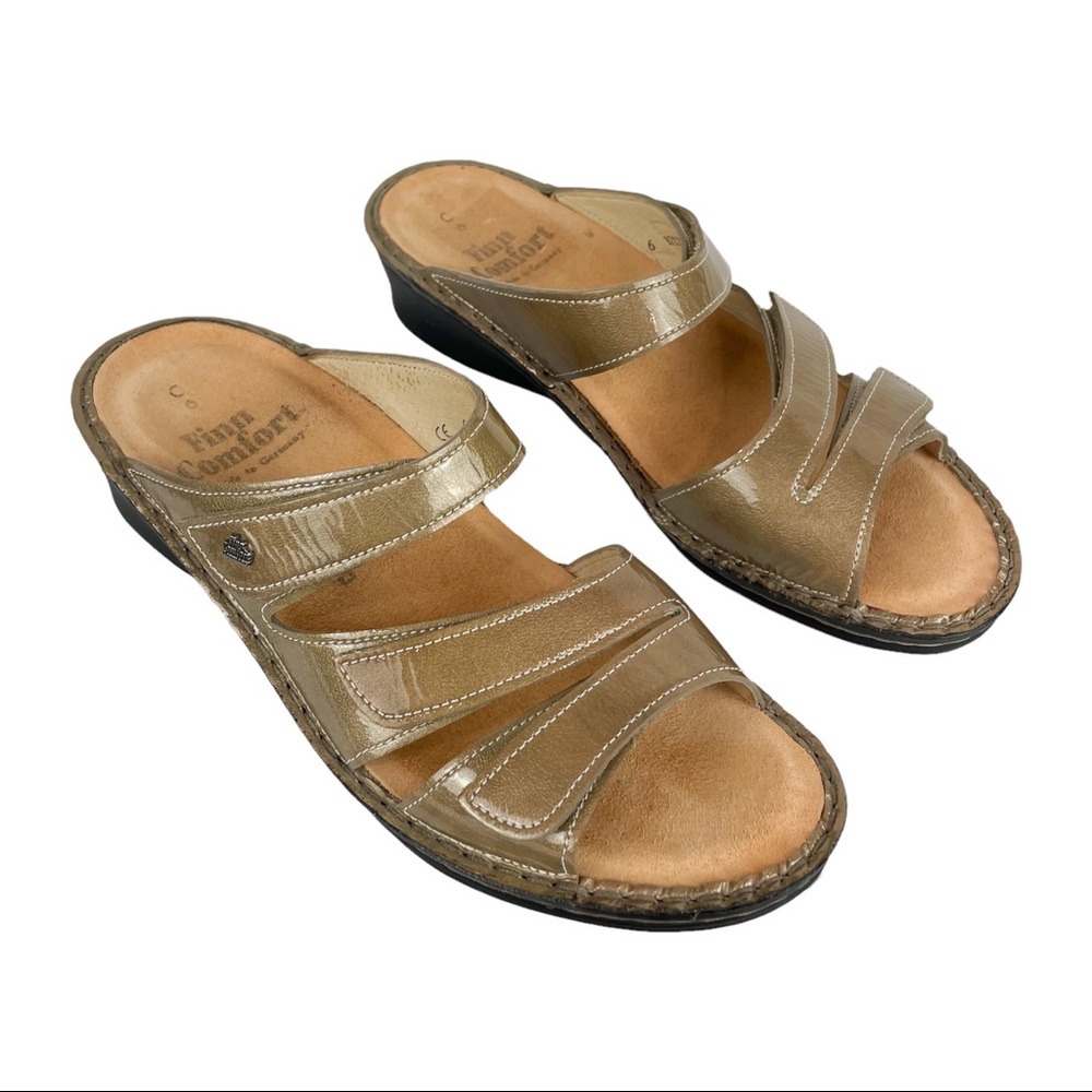 Finn Comfort Canzo Nude Patent Leather 3 Strap Comfort Wedge Sandal Sz 8.5 WIDE